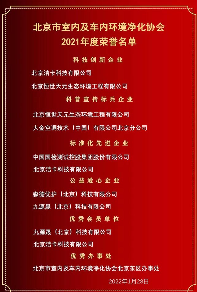恭喜北京潔卡科技室內(nèi)空氣除甲醛治理公司榮獲“北京室內(nèi)及車內(nèi)環(huán)境凈化協(xié)會(huì)”2021年度三項(xiàng)企業(yè)榮譽(yù)獎(jiǎng)項(xiàng)